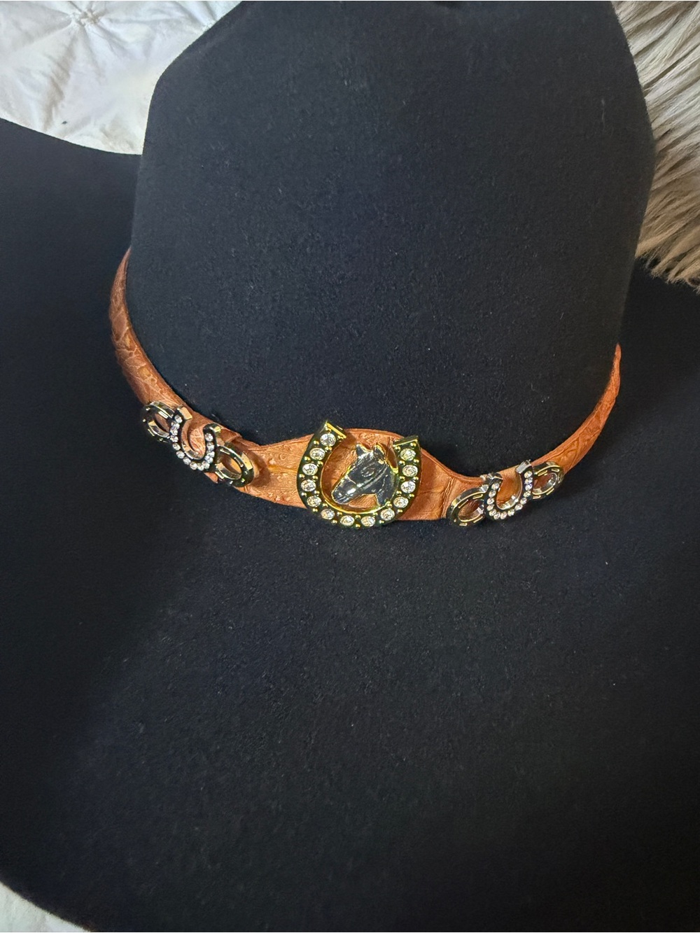 Brown Leather Crystal Horseshoe Hatband - Western Accent